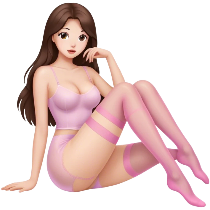 Buxom brunette long hair intimate sfw light pink nylon stocking pose emoji