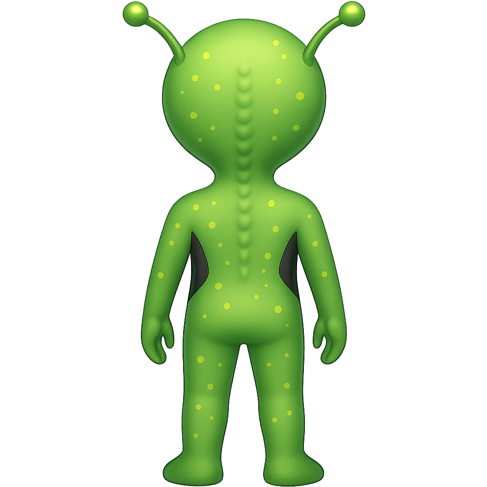 Add more details to this rear view alien in emoji style: visible antennae, subtle back ridges, small glowing spots, and a hint of feet, no background. emoji