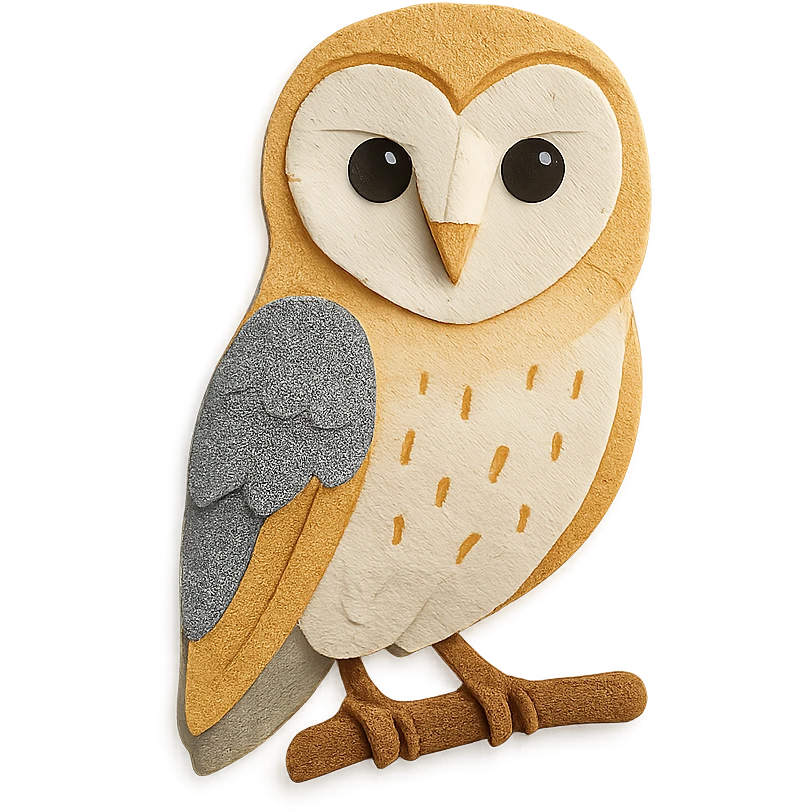 barn owl on a branch, layered paper details, expressive dark eyes, white face, golden and gray plumage emoji
