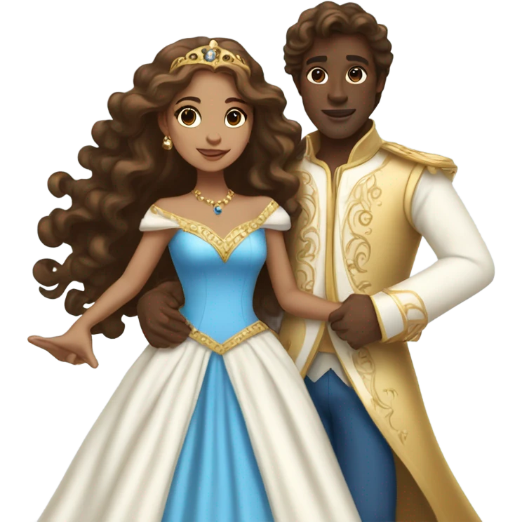 A princess with, brown long hair  and a long white dress with jewelry dancing around with a prince that is dark skin and curly brown hair with a blue and gold outfit  emoji