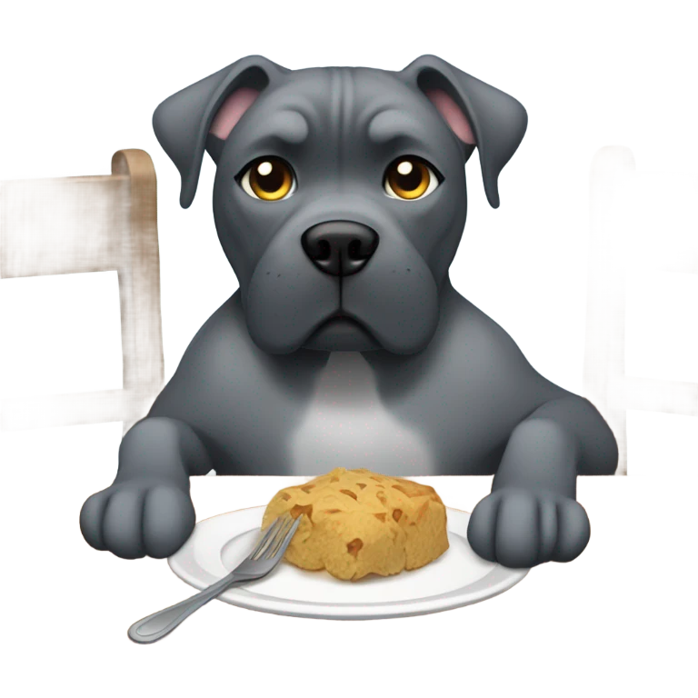 A blue-colored Cane Corso eating at a table with fork and spoon. emoji