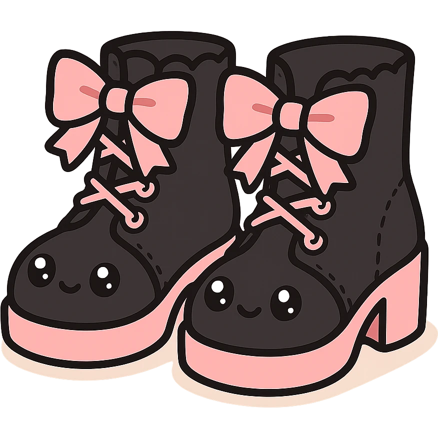 BLACKPINK-inspired gothic shoes, no hearts, black and pink, cute and stylish, kawaii style, pastel peach accents, lace-up ankle boots with ribbons emoji