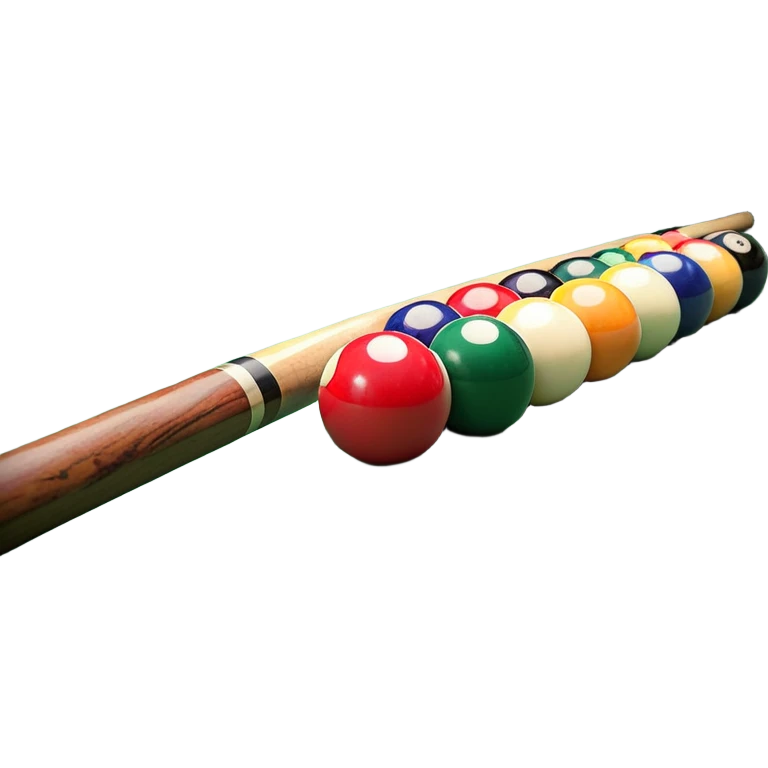A close-up of a pool cue aimed at a set of colorful billiard balls resting on a green felt table. The focus is on the cue stick and the arrangement of balls, with subtle details of the game’s texture and atmosphere, emphasizing the precision and skill of billiards. emoji