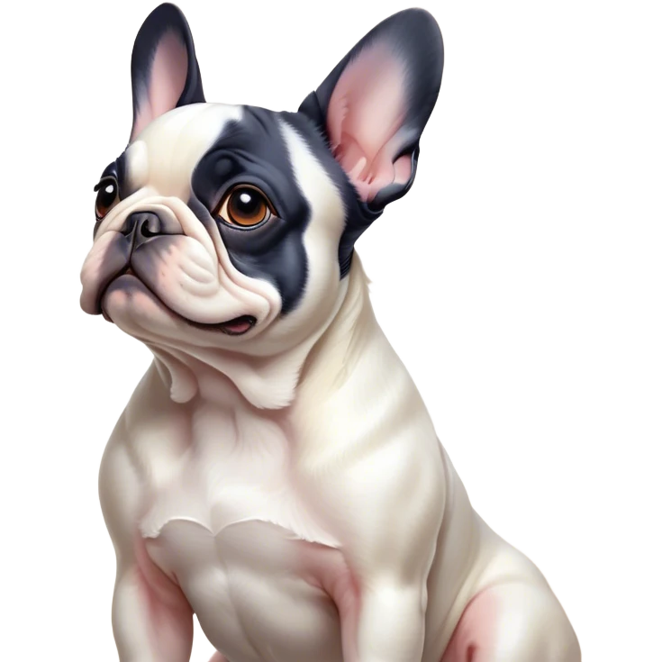 Cinematic Noble Pied French Bulldog Portrait Emoji, Radiating regal yet playful charm, with a distinctive pied fur of contrasting hues and a sculpted, expressive face featuring gentle, wise eyes and a confident stance, simplified yet artistically detailed, glowing with a soft, sophisticated radiance, high shine, exuding intelligent nobility and refined flair, soft glowing outline, capturing the essence of a noble Pied French Bulldog that embodies both strength and grace! emoji