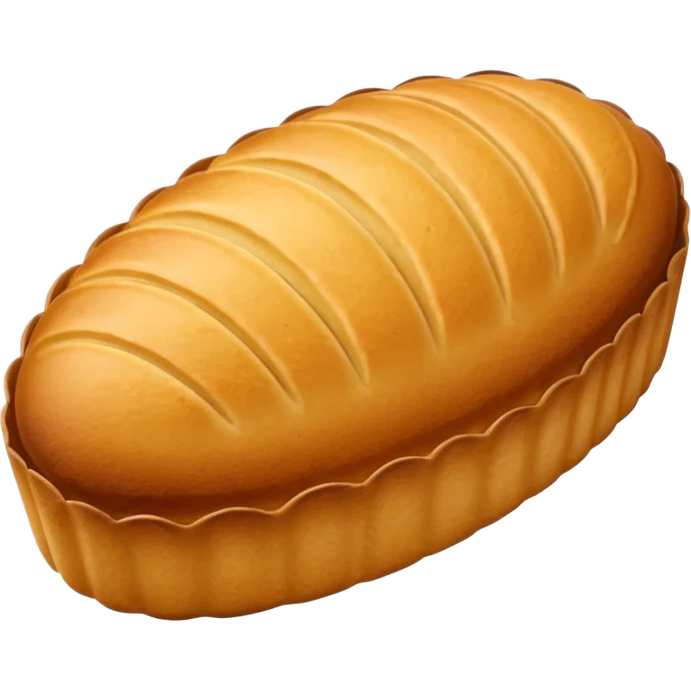 A madeleine pastry. Oval shaped. With scalloped single edge. emoji