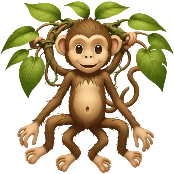 A whimsical character with human feet, tangled plant roots as legs, and a smiling monkey head emoji