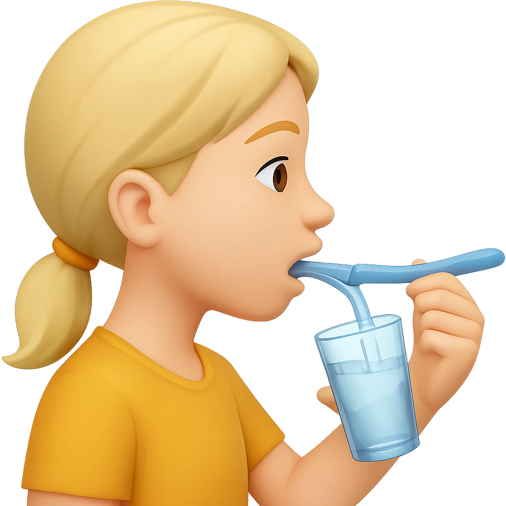 Add a toothbrush to the person rinsing mouth with water, side view, in the style of emoji. Keep the emoji style and no background. emoji