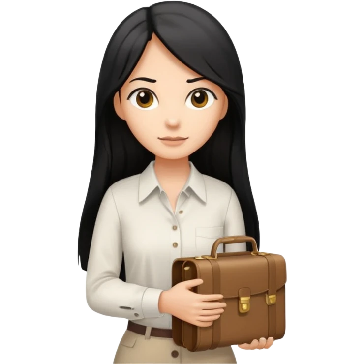 a light tan woman with long black hair past mid-back, round brown eyes, white button up shirt. holding manila case files in her hands. emoji