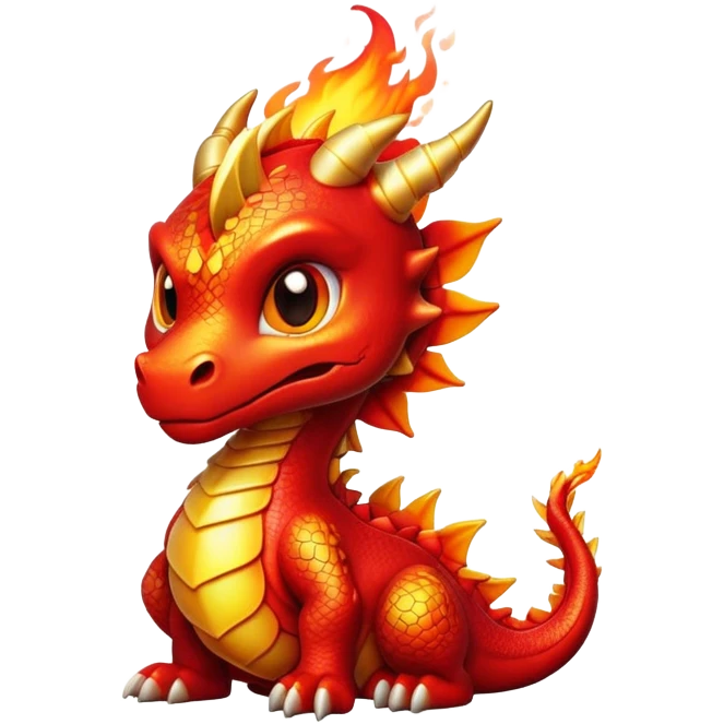 Cinematic Cute Fierce Fire Dragon Portrait Emoji, Head tilted playfully and inquisitively, showcasing a robust, flame-embellished form with intricately detailed scales in vibrant reds and glistening golds, accented by flickering ember highlights and a warm, inviting glow; rendered with lifelike detail and radiant natural light, high shine, spirited yet endearing, styled with a touch of blazing whimsy, soft glowing outline, capturing the essence of a mischievous yet charming inferno that seems ready to dance with playful fire! emoji