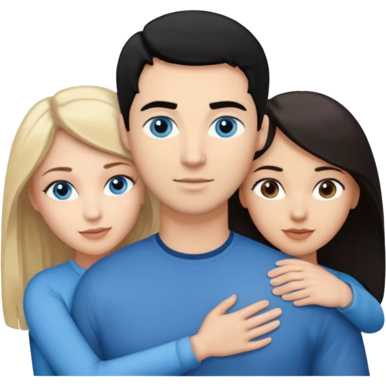 Blond woman with blue eyes on left. And a Man with black hair and grey eyecolor in the middle. And a blank woman with brown hair and grey eyes on the right. Holding each other  emoji