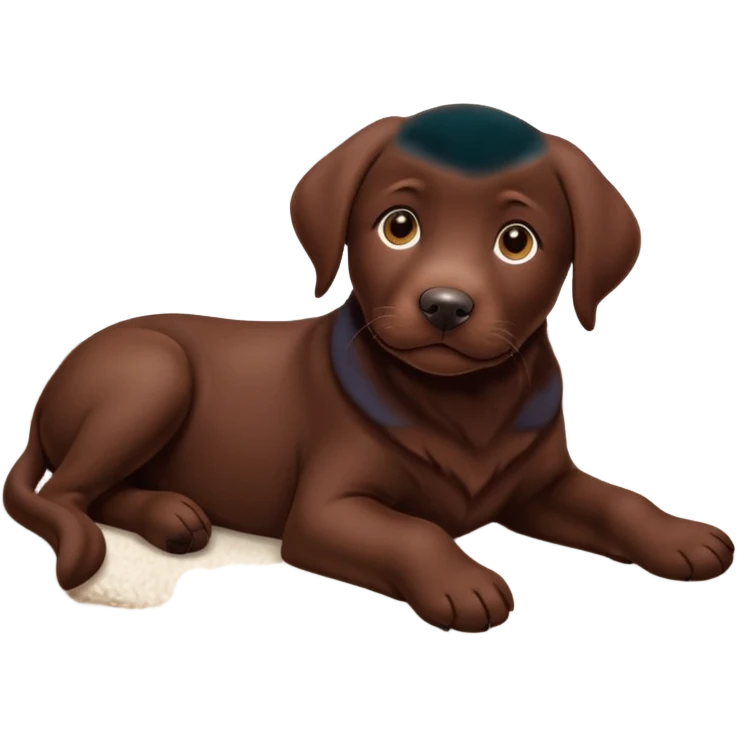 A chocolate Labrador Retriever puppy lying on a cozy carpet indoors, looking curious. Warm indoor light, realistic fur detail, shallow depth of field. emoji