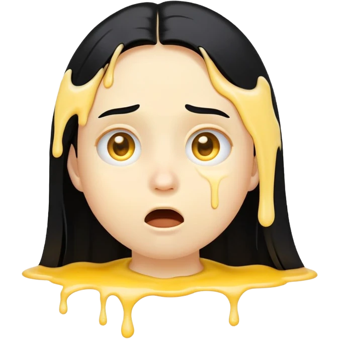 simple emoji, surprised face, classic yellow circular genderless emoji, 😮, long black hair, BREAK. goopy white liquid dripping from cheeks, goopy white cream on lips, goopy white cream in mouth emoji