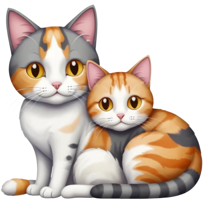 full body colourful light patched calico + white tabby cat cuddling a bigger cat that is dark grey and white tabby cat  and they are in love emoji