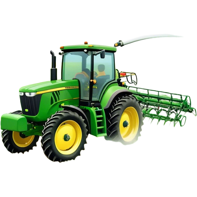 John Deere R4045 (2020) – Cinematic-realistic John Deere R4045 self-propelled sprayer, its green and yellow body gliding over rows of crops. Long booms extend across the field, misting a fine spray over the vibrant green plants, ensuring a healthy harvest under a bright blue sky. emoji