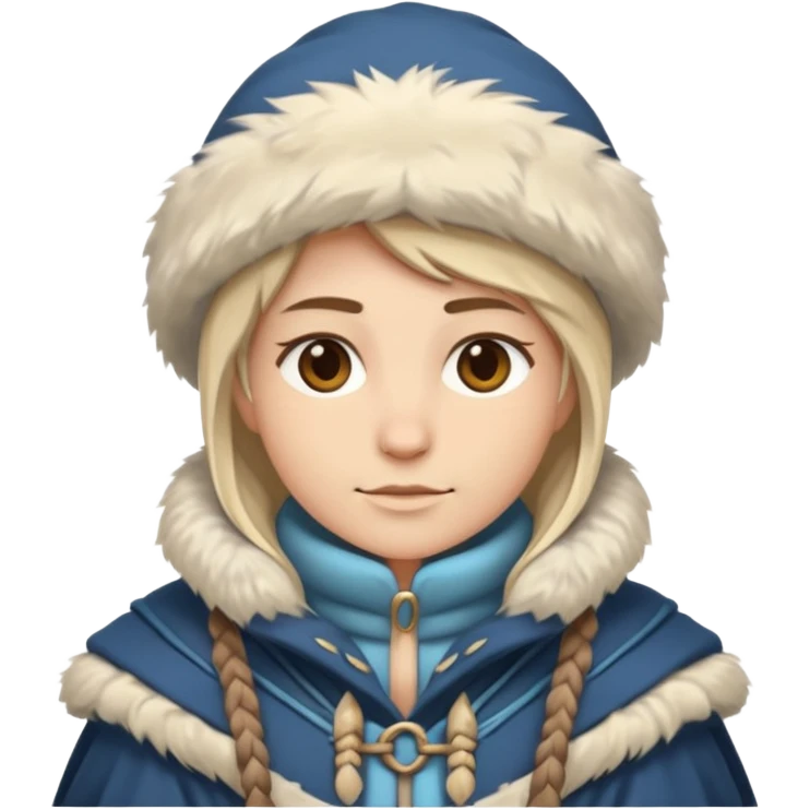 Fantasy human emoji portrait, simple winter mantle with fur trim on shoulders, northern winter vibe, restrained colors, clean flat emoji design, male/female variant
 emoji