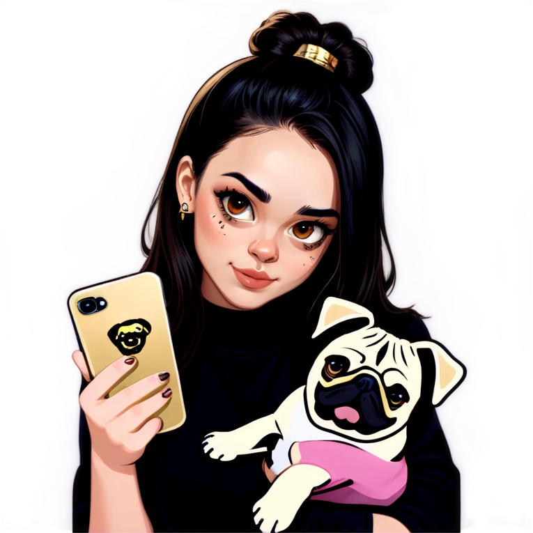 Beautiful young girl with choppy long dark brown hair flows over her her septum piercing is gold and shines as she holds her black phone and her large pug with an underbite layed beside her emoji