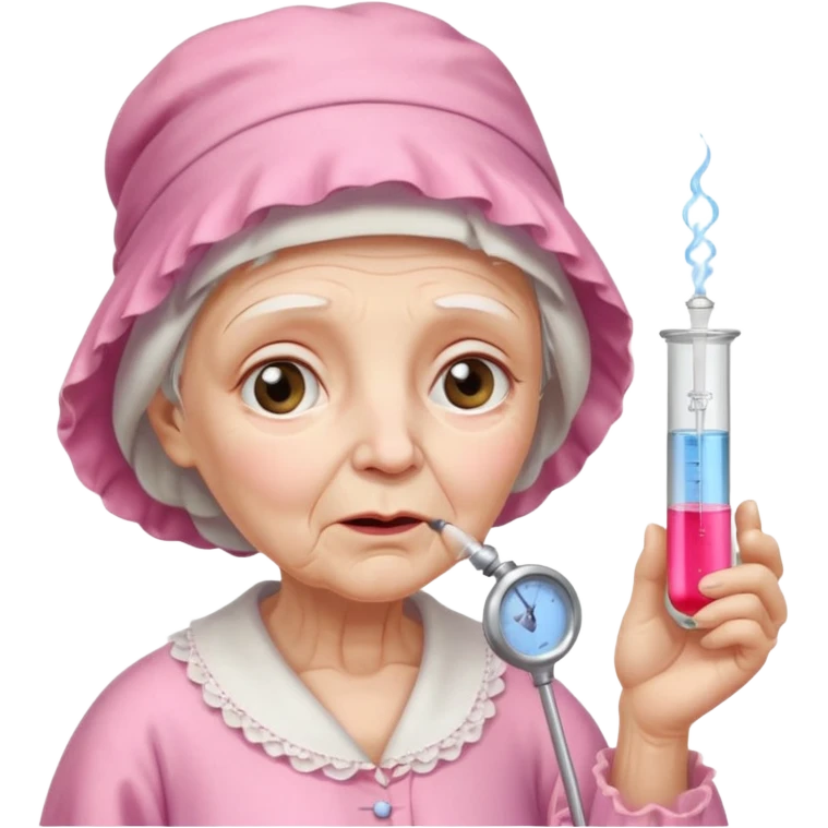 sick old woman with glass thermometer on her mouth pink night gown, pink bonnet on her head emoji