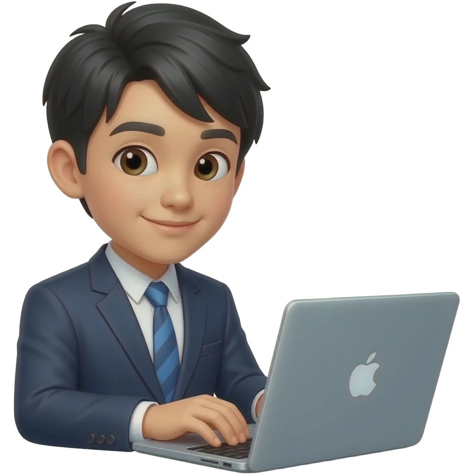 asian teenager behind a laptop typing up, wearing a suit emoji