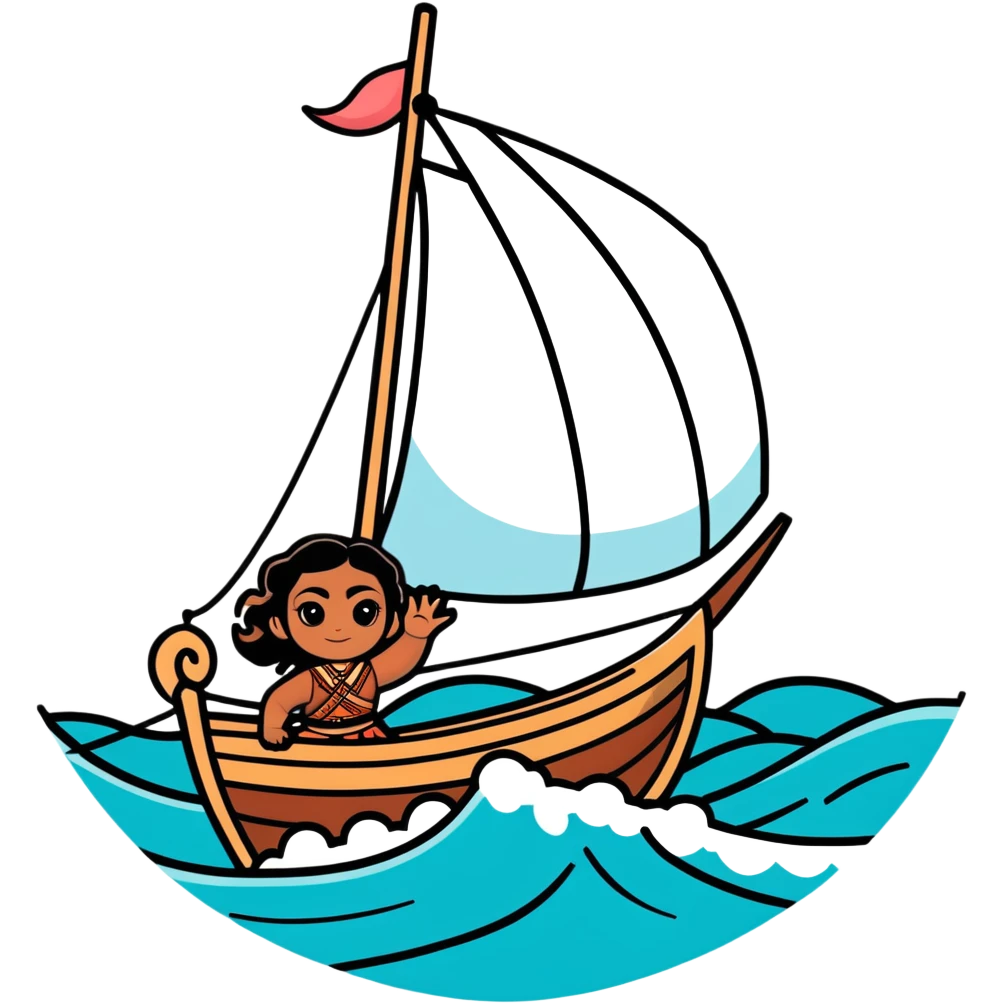 Moana sailing on her boat with ocean waves emoji