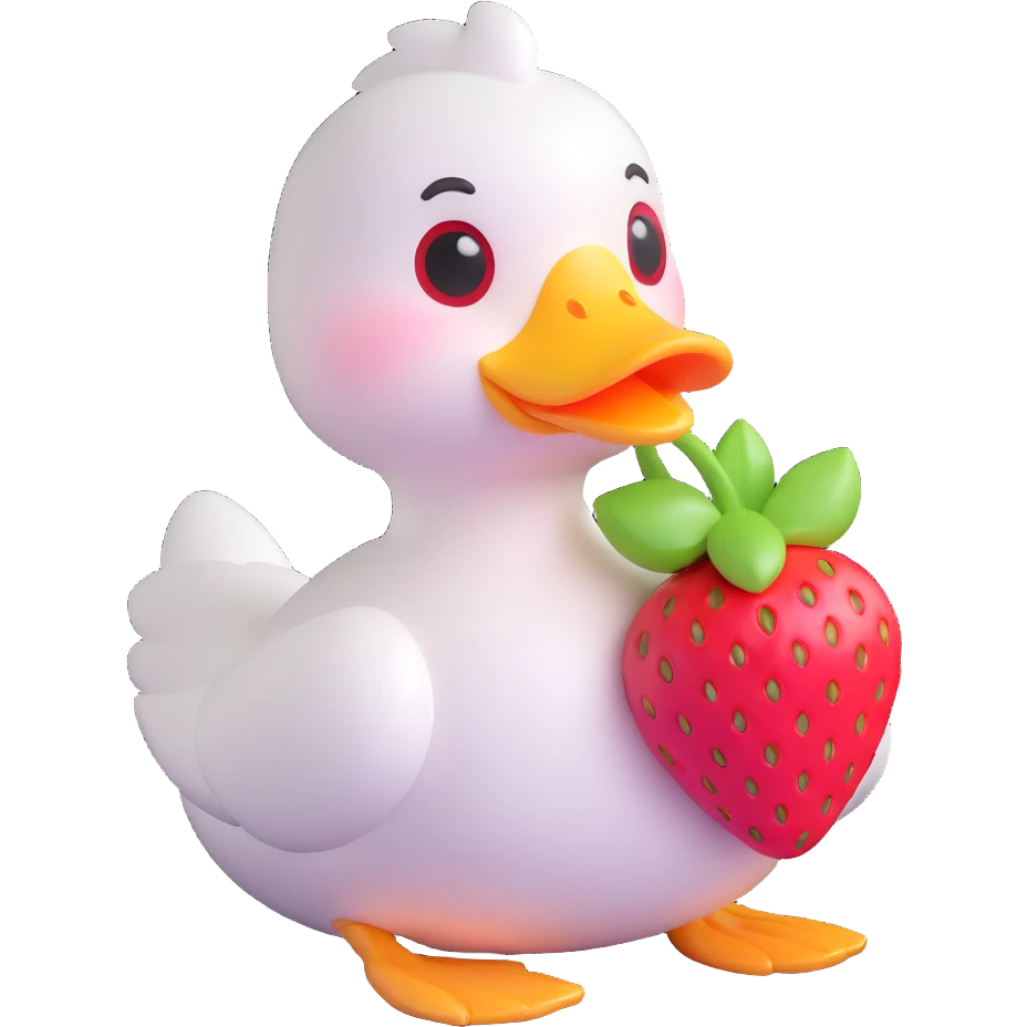 cute white duck with a strawberry-shaped shoulder bag, kawaii 3D style, pastel colors, big shiny eyes, soft lighting, inspired by iOS 18 aesthetics emoji