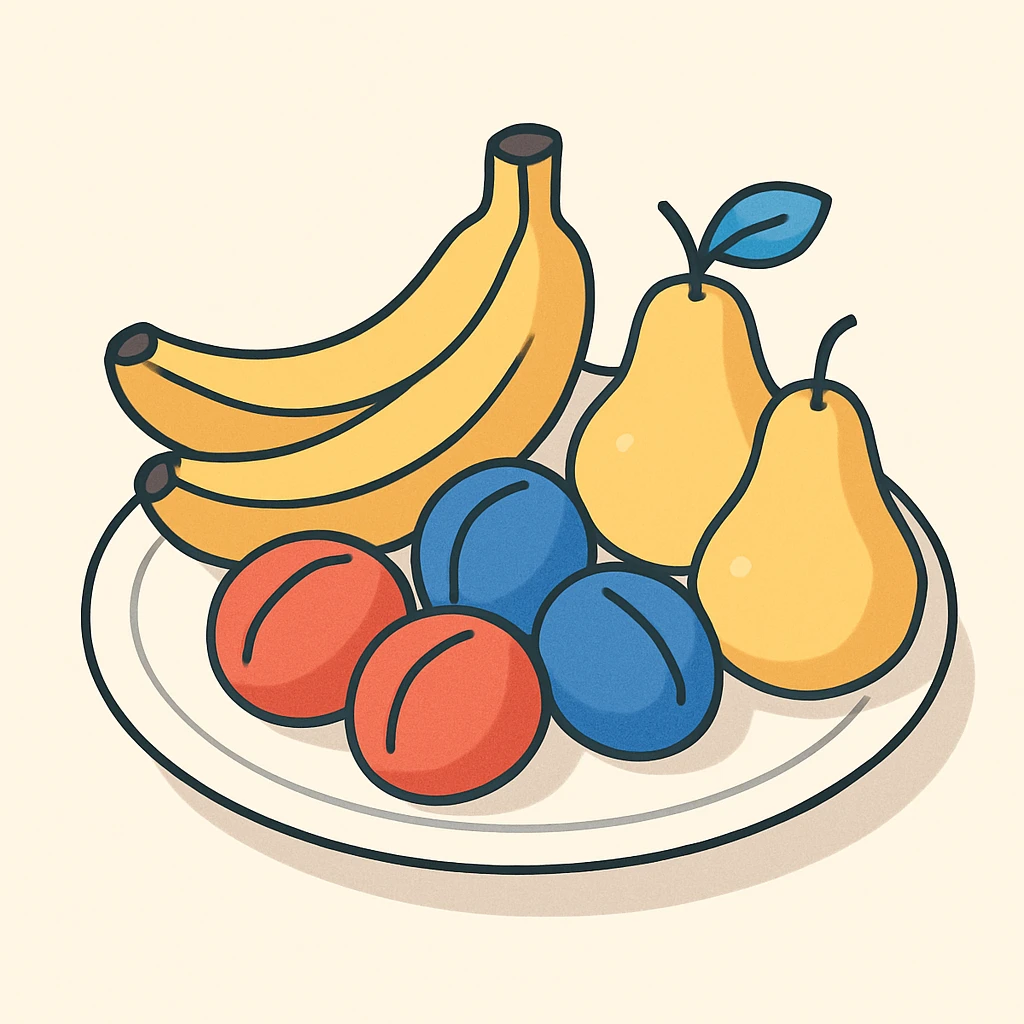 a plate with bananas pears and plums in 2D isometric illustration style emoji