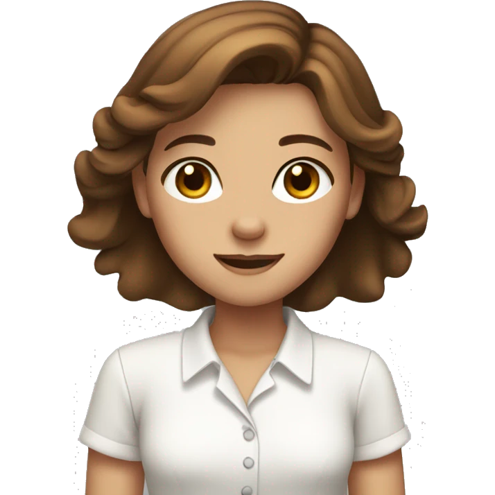 A brown hair girl with brown eyes waving with a white shirt emoji