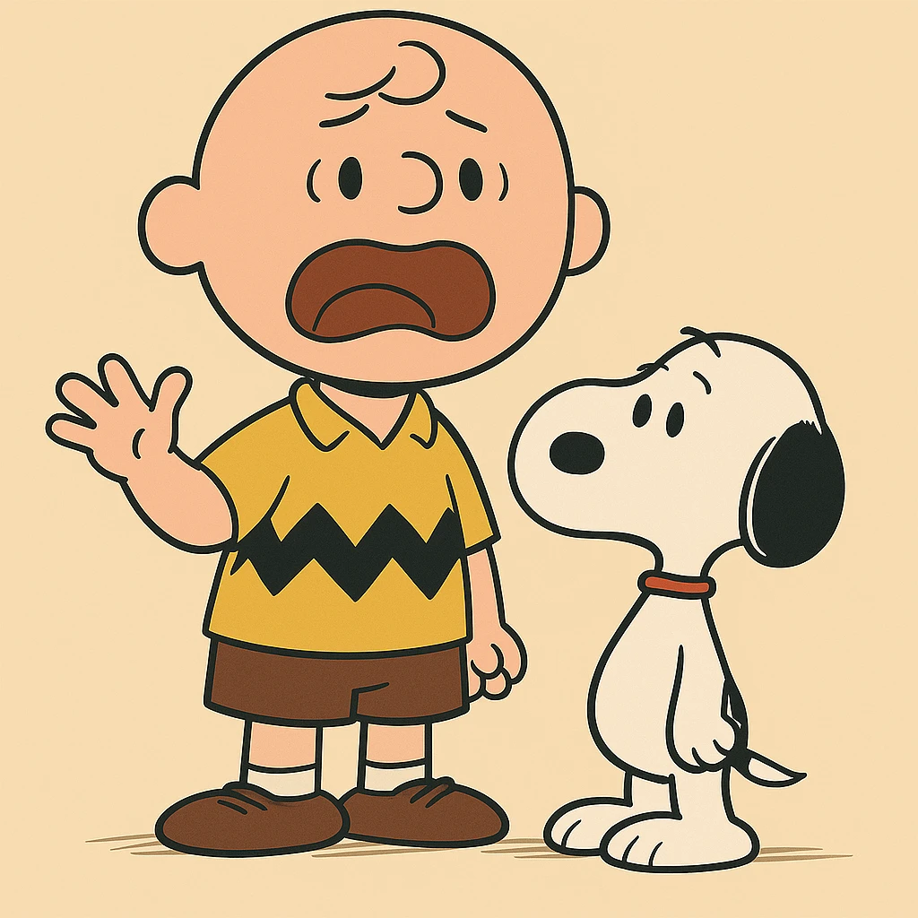 Add Snoopy standing next to Charlie Brown in classic cartoon style with a simple background. emoji