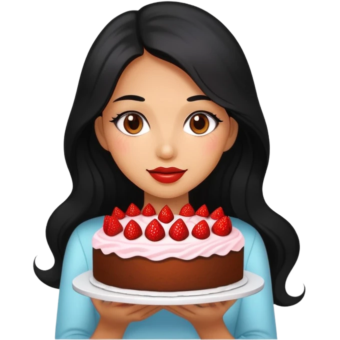 Beautiful girl with long black hair holding a strawberry cake emoji