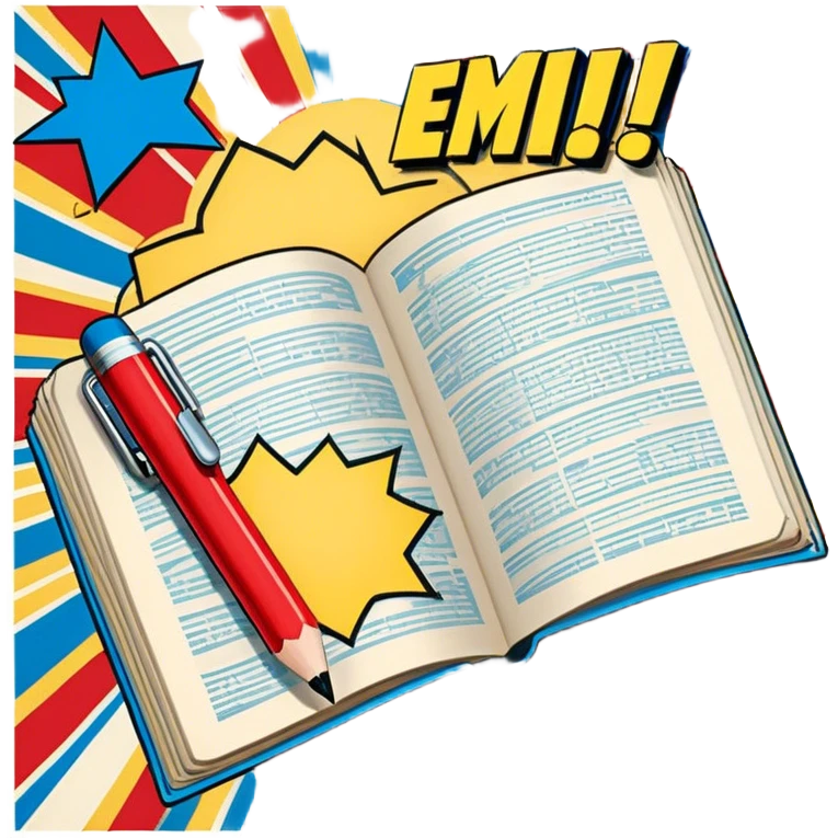 Create a vibrant emoji, representing comic books and graphic novels as an art form. The design should feature a large, opened comic book with vintage comic panels on the pages. Include a pencil (without a hand), writing text or sketching on the pages. The comic panels should have bold lines and retro-style artwork with classic comic book visuals. Use bright, energetic colors like red, yellow, and blue to evoke excitement and creativity. The overall design should feel dynamic, vintage, and artistic. Make the background transparent. emoji