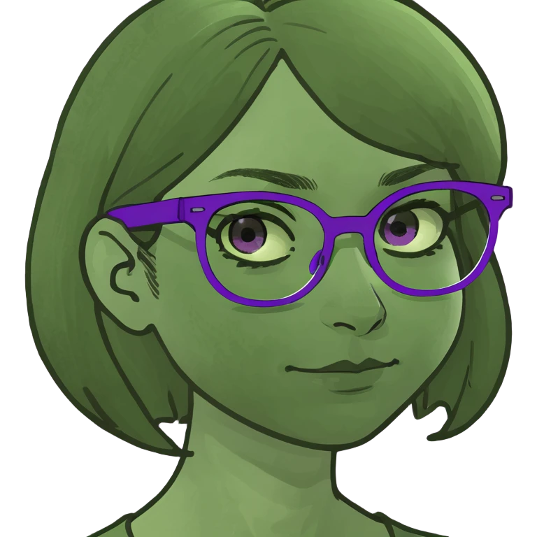 Girl, red shirt, long brown hair, green eyes, purple glasses, blue jeans, relaxed while hugging a cat emoji