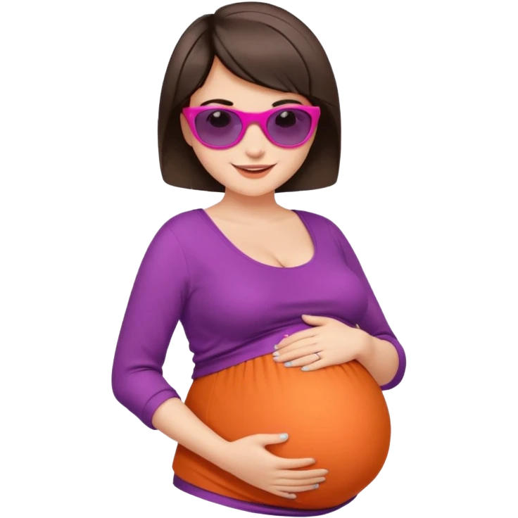 pregnant stylish woman with short pixie brunette hair happily touching her big belly while wearing fashionable clothes and colorful shades emoji