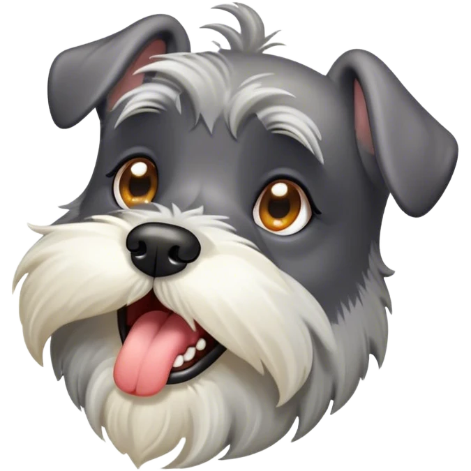 Cinematic Cute Yawning Miniature Schnauzer Portrait Emoji, Head cocked with a wide, adorable yawn and droopy, charming eyes, featuring a neatly trimmed, lovable salt-and-pepper fur, simplified yet irresistibly cute, highly detailed, glowing with a warm, relaxed radiance, high shine, exuding a sleepy yet spirited charm, styled with a soft, cozy glowing outline, capturing the essence of a Miniature Schnauzer mid-yawn, radiating pure, drowsy cuteness! emoji
