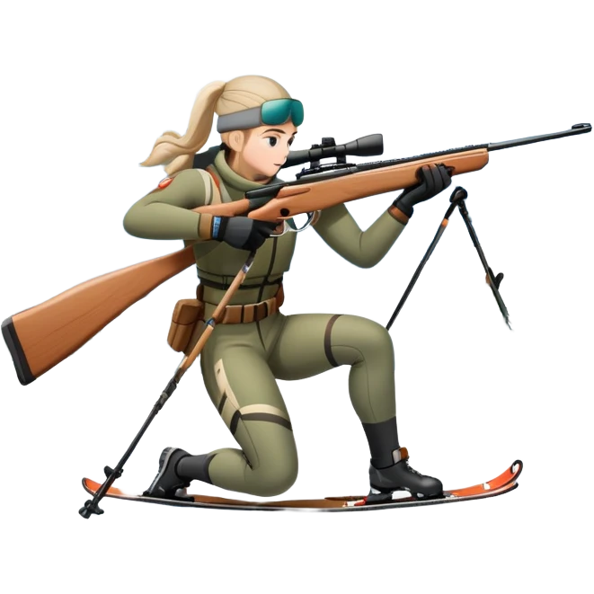 An icon showing a snowy landscape with pine trees, mountains, and a clear sky with a biathlete aiming a rifle in the foreground, wearing winter gear and skis. Transparent background emphasizes the precision, endurance, and beauty of this winter sport. emoji