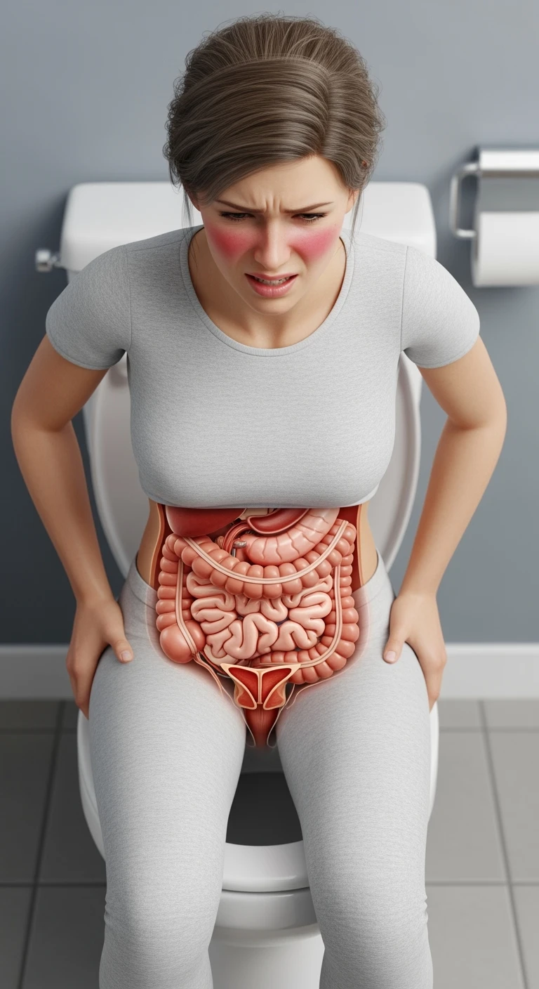 DONNA CON INTESTINO ANATOMICO REALISTICO seduta sul wc che si sforza, IPERREALISTICO 4K emoji
