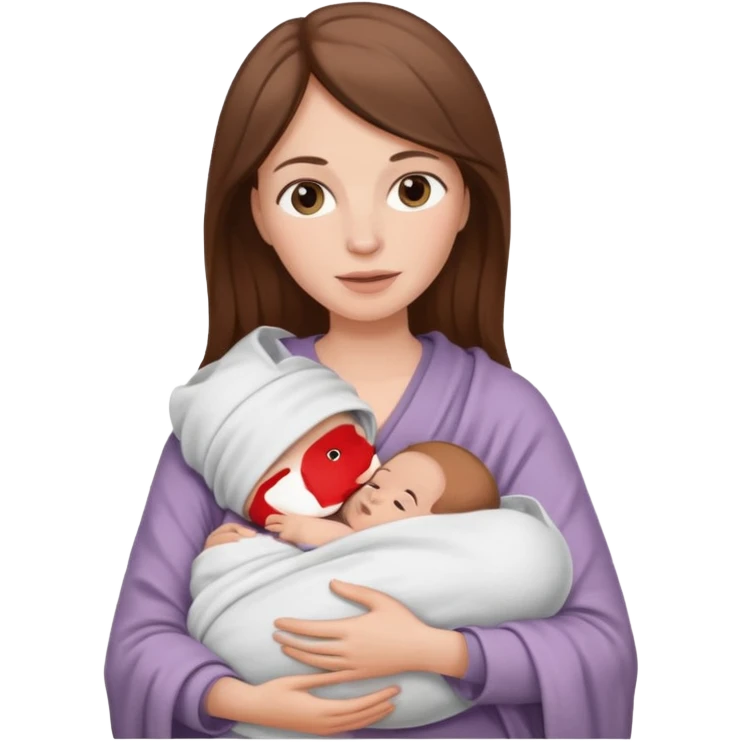 A white-skinned mother with brown hair holds her baby with white skin and brown hair in her arms, the baby is wrapped in a white blanket emoji