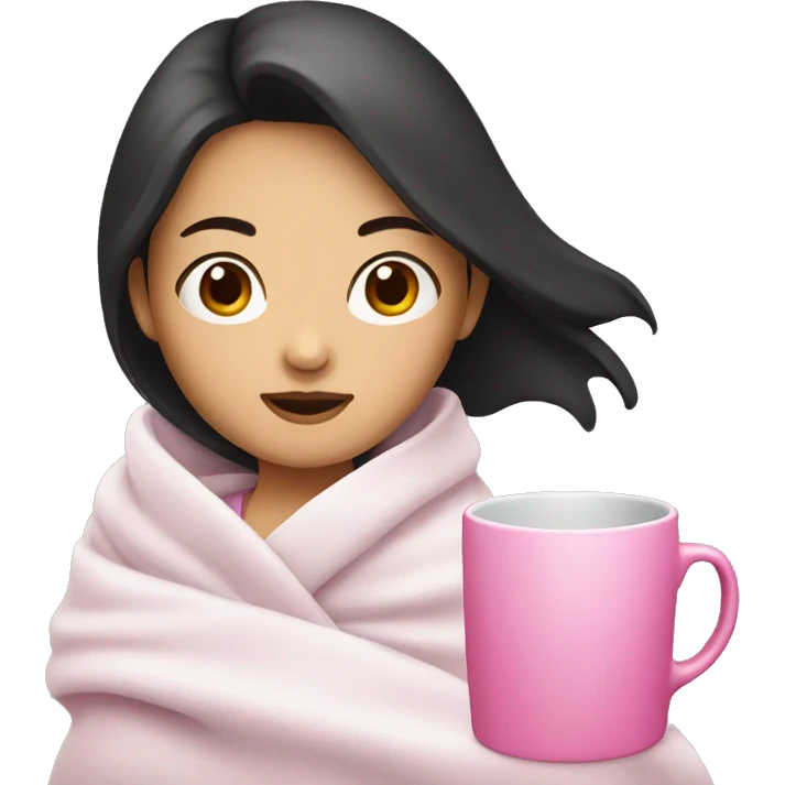 Asian girl with dark hair wearing a white blanket and holding a pink mug emoji