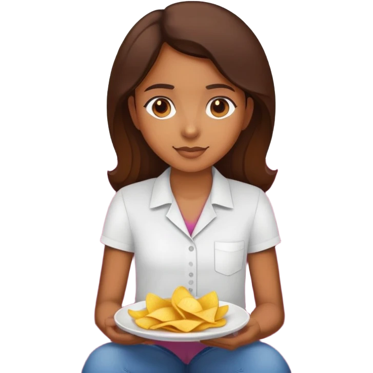 home brown girl with plate of chips, sitting at the pink sofa emoji