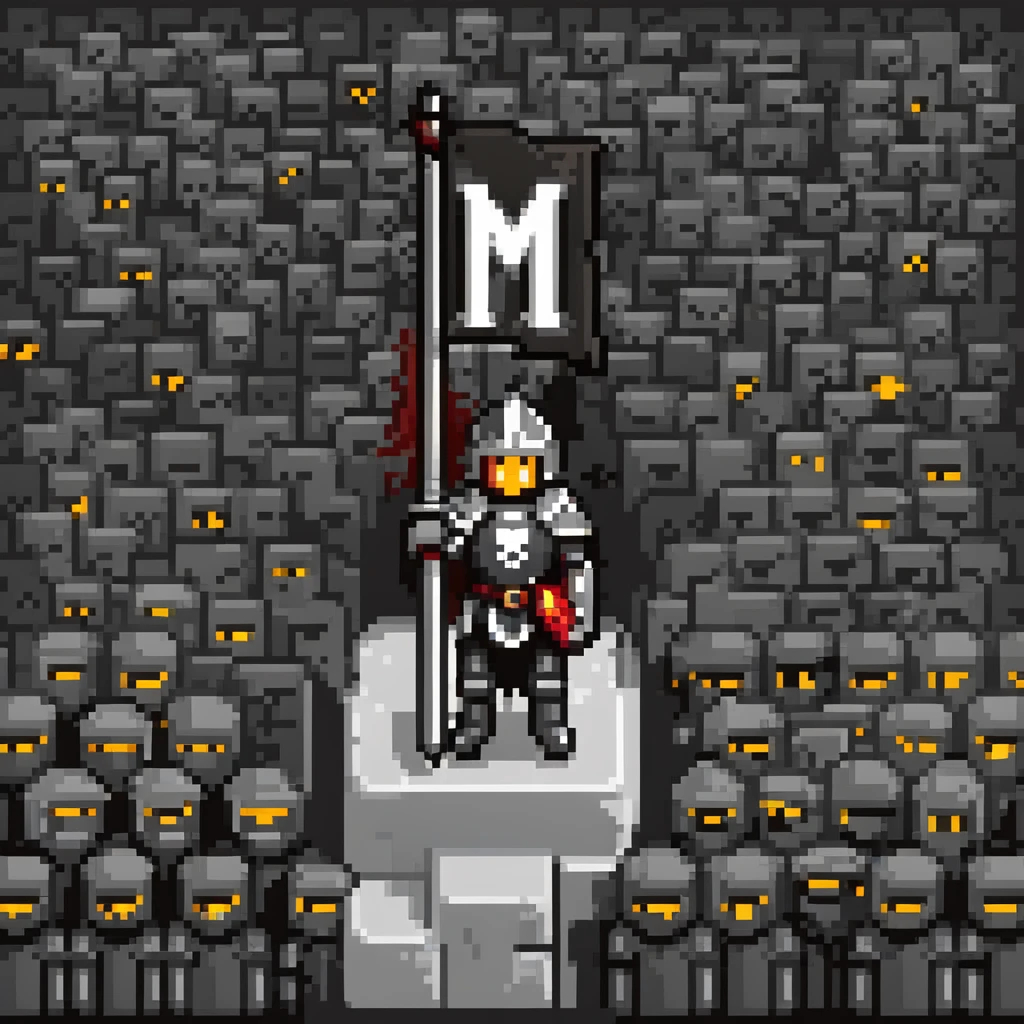 crowd of black knights with a black flag with letter M emoji