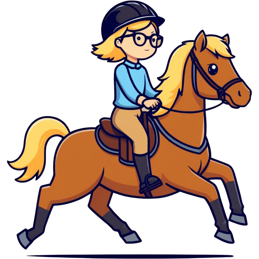 Blonde haired girl with glasses on and wearing a helmet riding a brown. horse emoji