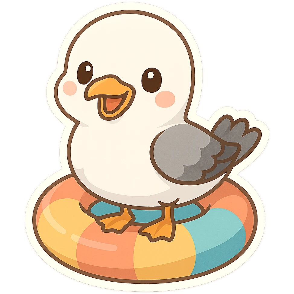 a seagull perched on a floatie, cheerful and fun emoji