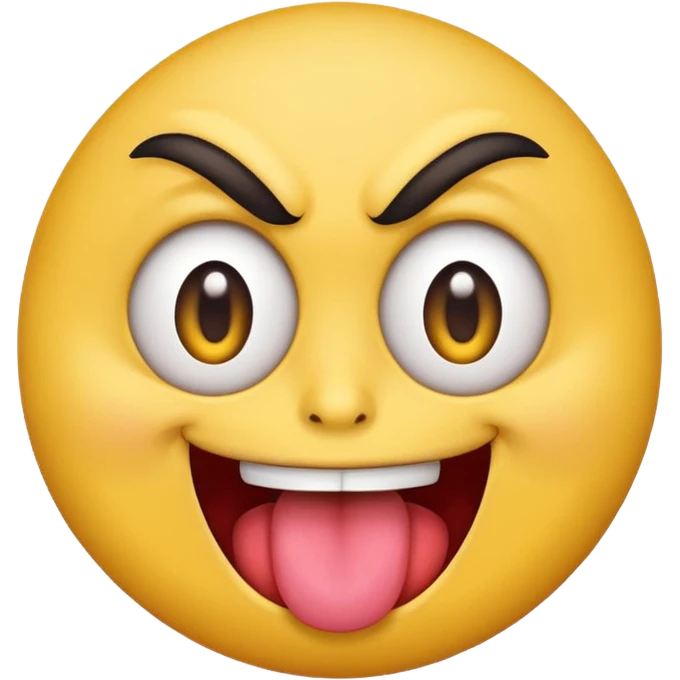 A yellow round face emoji smirking with its tounge out but the eyes are evil and kind of crazy and the eyebrows are turned in but one is raised  emoji