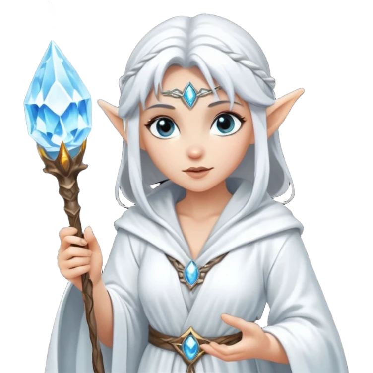 {
      "type": "human",
      "look": "snow elf sorceress, white robe, silver staff, ice gem top",
      "description": "a snow elf sorceress in a white robe with a silver staff topped by an ice gem"
    } emoji