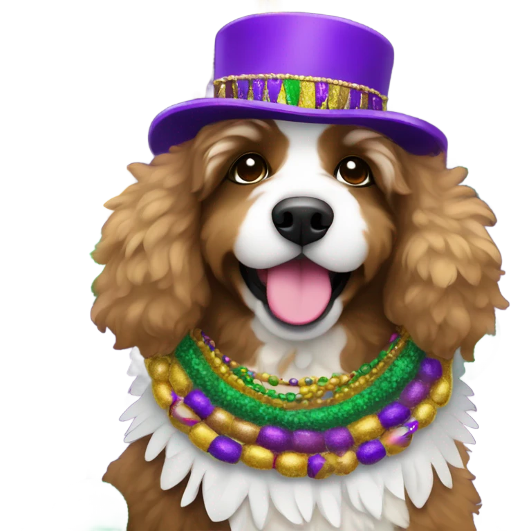 Bernedoodle dressed for Mardi Gras emoji