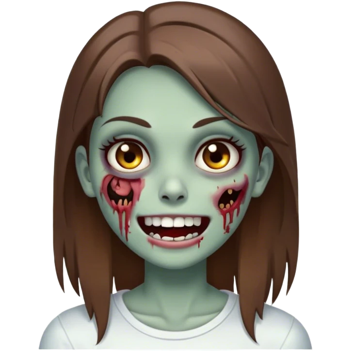Zombie girl with brown hair brown eyes straight hair white skin with closed mouth and beautiful smile emoji