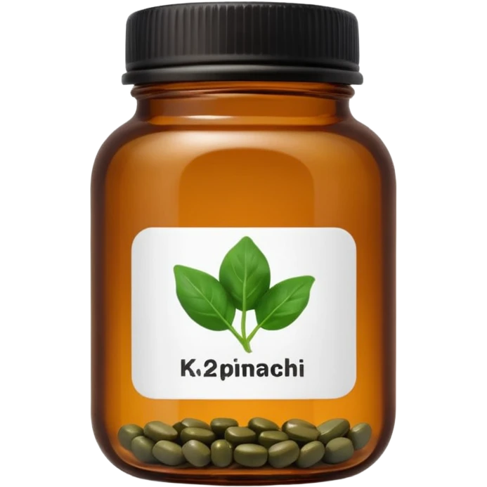 brown glass jar of supplements with white label, black thin title K2 and small spinach emoji emoji