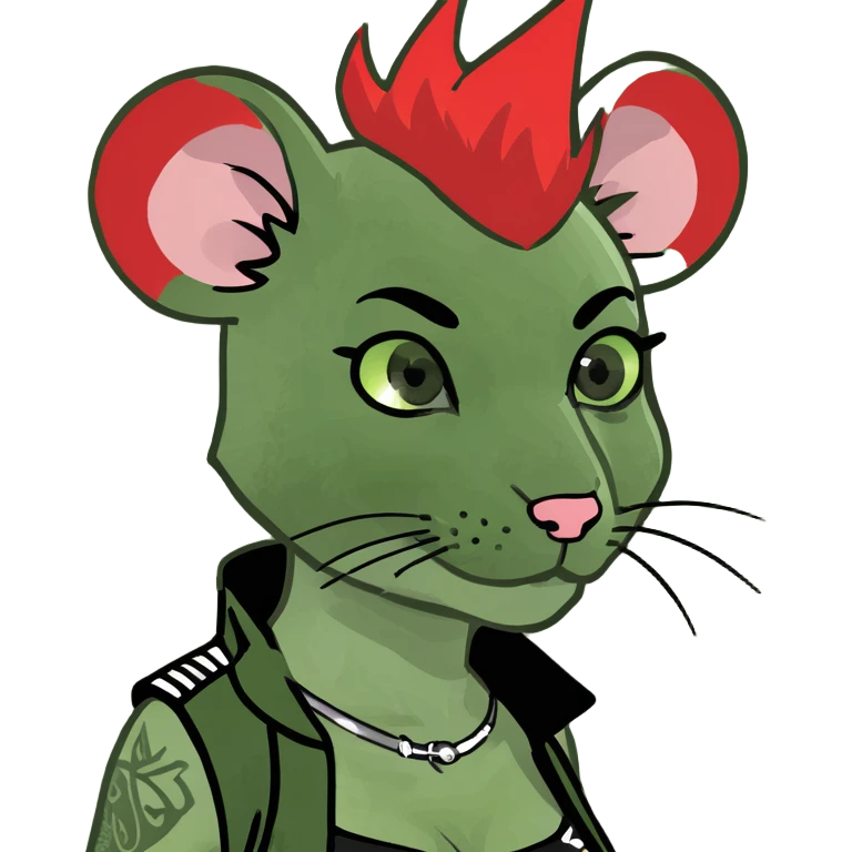 gothic mouse girl nezumimi with red mohawk, green eyes, punk fashion, emoji meme style, exaggerated facial features emoji