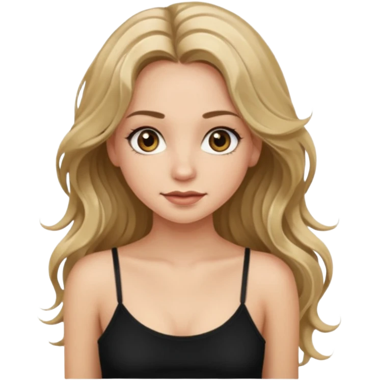 make an emoji girl with long dirty blond hair and hazel eyes. wearing a cute black spaghetti strap tank top tank top and her hair is down and slightly wavy. she also has really long eyelashes  emoji