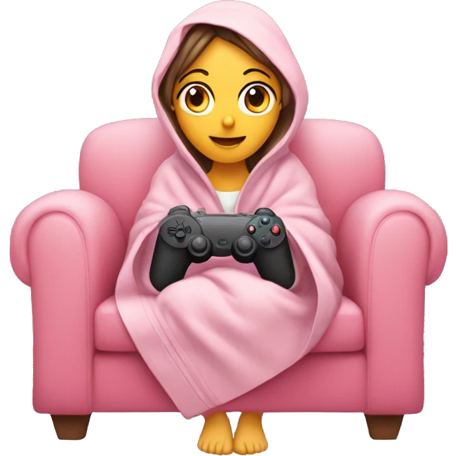 Girl wrapped up in a blanket sitting on a couch with a pink gaming controller in her hands emoji