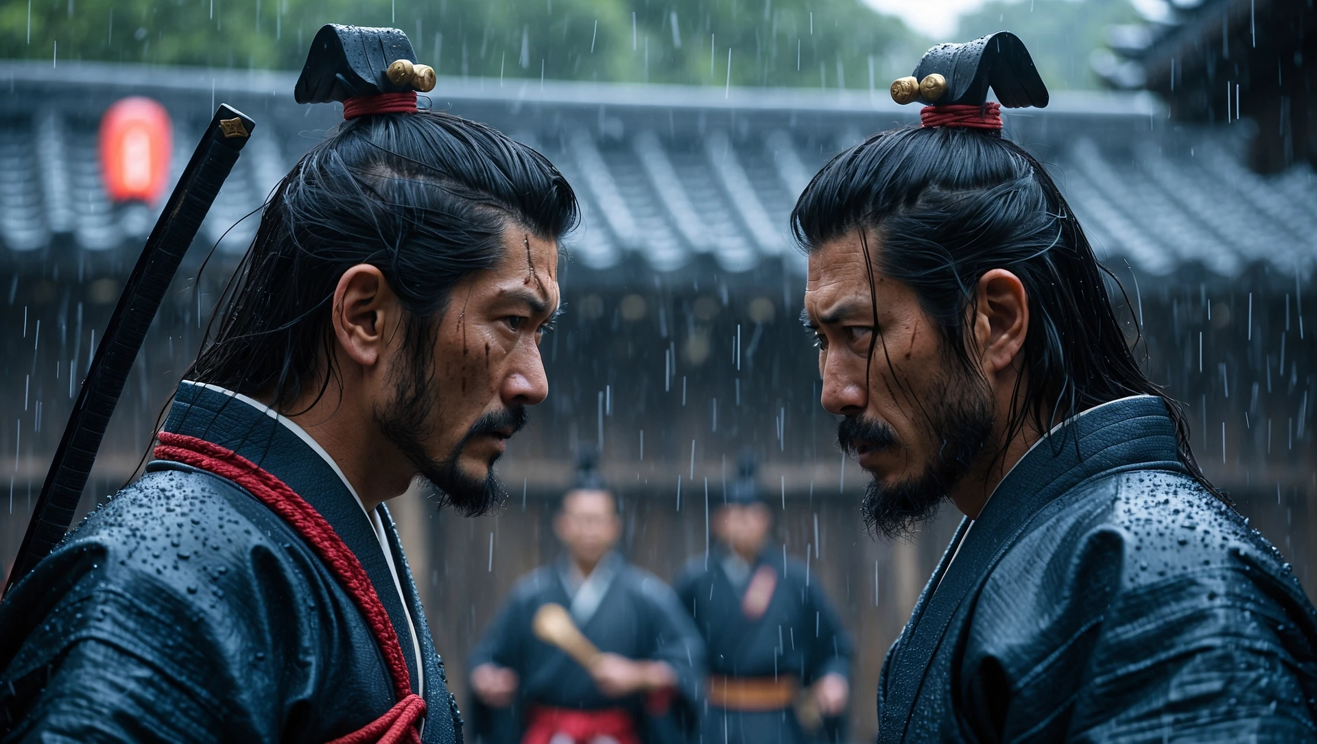 A cinematic scane of a two japan samurai face to face ready to fight during rain, Medium shot, deph composition, tense atmosphere, shot by arri alexa emoji