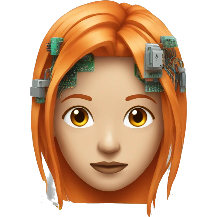 Head of female cyborg with long orange hair and circuits emoji